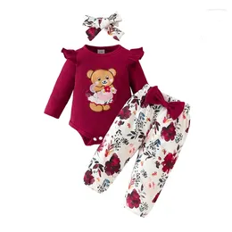 Clothing Sets Baby Girls 3 Piece Outfit Bear Embroidery Long Sleeves Romper And Floral Pants Headband Cute Clothes