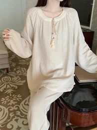 Home Clothing Solid Simple Literature And Art Fashionable Long Sleeve Pajama Set Women Comfortable Kawaii Loose Court Style Sleepwear Ins