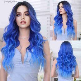 Synthetic Wigs NAMM Lace Front Wig Synthetic Blue Gradient Long Wavy Wig for Women Daily Party Natural Looking Lace Mid Split Wig Y240401