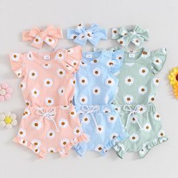 Clothing Sets 0-18months Baby Girl 3 Piece Clothes Daisy Print Romper And Ruffle Elastic Shorts Headband Set Infant Girls Summer Outfits