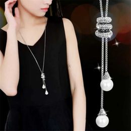 Pendant Necklaces 2023 NEW High Quality Fashion Metal Long Tassel Rhinestone Crystal Pearl Long Chain Necklace Sweater Patry Necklace Jewelry 240330