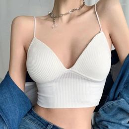 Women's Tanks Ladies Crop Top Camisole Slim Fit Stretch Push Up Bra With Chest Pads Cropped Navel Short Tube V-Neck Tops