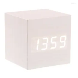 Table Clocks 008-12 Mini Cube Shaped Voice Activated White LED Digital Wood Wooden Alarm Clock With Date /Temperature (Ivory)