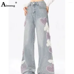 Women's Jeans 2024 High Cut Appliques Sweet Love Demin Pants Women Vintage Full Length Female Fashion Straight Leg Trousers