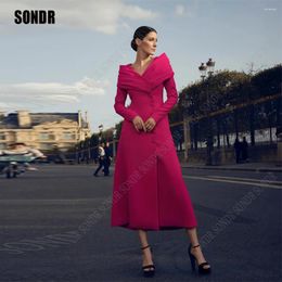 Party Dresses SONDR Fuschia Button Saudi Arabia A Line Prom Full Sleeves Formal Evening Dress Dubai Satin Women Gowns