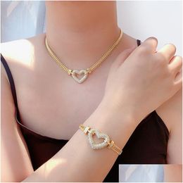 Pendant Necklaces Korean Style Golden Love Heart Pendant Necklaces Link Chains Bracelet For Women Thick Chain Suit Hip-Hop Jewellery Set Dhxne