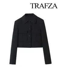Women's Jackets TRAFZA Fashion Shirt Collar Short Jacket Coat Retro Long Sleeve Front Button Casual Pocket Chic Top