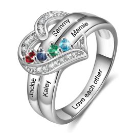 Rings Personalised 18 Birthstone Rings Silver Heart Custom Engraved Name Family for Mother Days Aniversary Jewellery