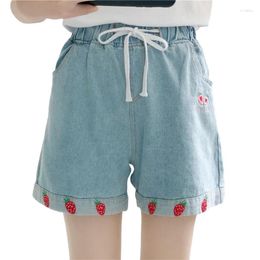 Women's Shorts High Waisted Bottoms Summer Loose Kawaii Jeans Strawberry Embroidery Women Denim Girls 2024 Cute Casual Fashion