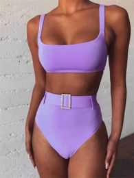 Women's Swimwear High waisted bikini solid purple high leg rhinestone with luxurious swimsuit sexy swimsuit push two piece swimsuit J240330