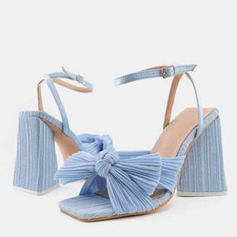 Dress Shoes Size 44 45 46 Fashion Pleated Butterfly-Knot Womens Sandals Gladiator Peep Toe Buckle Strap Triangle High Heels Dress Shoe H240401M8R3