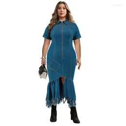 Party Dresses Vintage Denim Dress Women Spring Summer Elegant Casual Short Sleeve Zipper Plus Size Midi Irregular Jeans Sexy Robe Femme