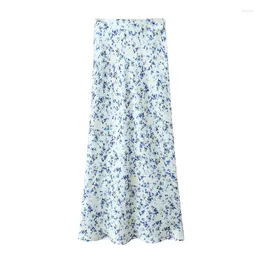 Skirts YENKYE 2024 Women Floral Print Satin Long Skirt Vintage High Elastic Waist A-line Spring Summer Falda Larga