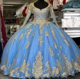 Light Blue Quinceanera Dresses Crystals V Neck Sparkly Sequins Lace Appliqued Long Sleeves Custom Made Sweet 16 Birthday Party Pro2967703