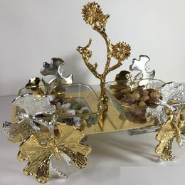 Dishes Plates 2 Compartment Snack Chocolate Candy Nuts Service Plate Gold Colour Flower Butterly Design High Quality Metal Glass M Dhknc