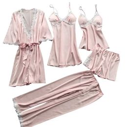 Sexy Pyjamas 5 Pieces Sets Sexy Five-Piece Pajamas Womens Summer Half Sleeve Bridal Gown plus Size Homewear Nightgown Bathrobe 2404101