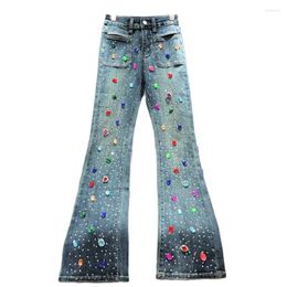 Women's Jeans Diamond For Women 2024 Autumn High Waist Slim Fit Beaded Denim Boot Cut Pants Female Trousers Trend Y4198