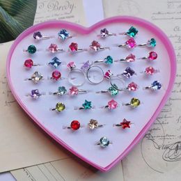 Cluster Rings 36Pcs/Box Children's Cute Sweet Heart Square Round Star Crystal Princess Toys Jewellery Mix Finger Gift Box