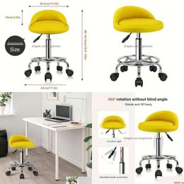 Commercial Furniture Yellow Pu Leather Round Rolling Stool Foot Rest Height Adjustable Swivel Drafting Work Spa Task Chair With Wheels Dhkki
