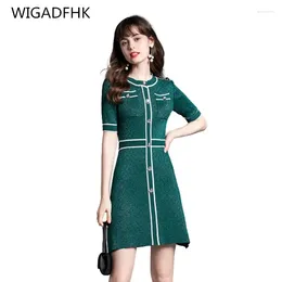 Party Dresses WIGADFHK Summer High-end Fashion Vintage Patchwork Knitted Dress Women Spring Fall O-neck Slim A-line French Sprin