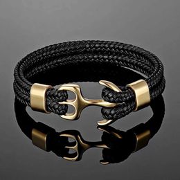 Chain MKENDN Navy Blue Mens Anchor Bracelet Womens Multi layered Leather Bracelet Womens Black Stainless Steel Sports Buckle Q240401