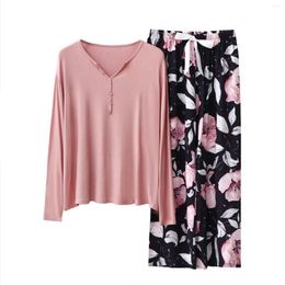 Home Clothing Women's Silk Loose Pajamas Set Knitted Thread V Neck Long Sleeve Nightwear Floral Print Loungewear For Women Clothes