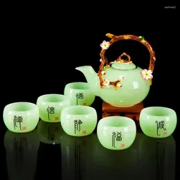 Teaware Sets Living Room Jade Porcelain White Tea Set Enamel Color Eight-piece Glass Teapot Chinese Gift