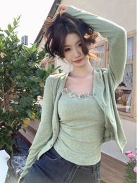 Work Dresses Pure Sexy Girl Suit Women's Spring Mint Green 3D Flower Camisole Knitted Cardigan Two-piece Set Fashion Female Clothes