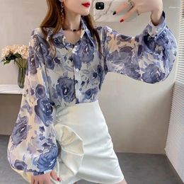 Women's Blouses Printing Turn-down Collar Fashion Loose Streetwear Autumn Thin Women Clothing Long Sleeve Casual Buttons Temperament