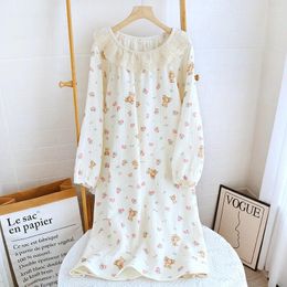 Women's Sleepwear Spring Cotton Double-layer Crepe Pyjamas Long Sleeved Pullover Print Dress Cute Doll Neck Home Clothing Loose Casual