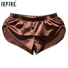 Swimwear Mens Side Split Satin Shorts Builtin Bulge Pouch Boxer Brief Elastic Waistband Pyjama Bottoms Loungewear Homewear 240328