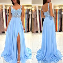 Baby blue a line prom dress bridesmaids dress lace straps party gowns thigh split pleats chiffon bridesmaid dresses for special occasions