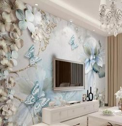 Beibehang Mural wallpaper 3d threedimensional mediterranean flower butterfly beautiful Jewellery TV background wall5039185