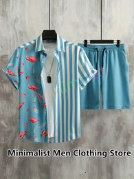 Men Sets Flamingo Strip Print Short Sleeve Casual Button Shirt Beach Shorts Suits Summer Street Vacation Hawaiian Outfits 240321