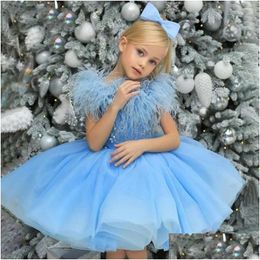 Mens Suits Blazers Luxury Feathers Tassel Girl Christmas Dresses Sky Blue Gorgeous O-Neck Sequined Knee-Length Party Pageant Ball Drop Dhmor