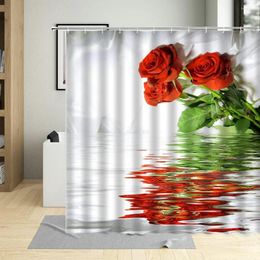 Shower Curtains Plant Flowers Red Rose Curtain In The Water Orchids Lilys Tulips Butterfly Decor Bathroom Washable Fabric Suit With Hook