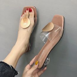 Sexy High Heels Elegant Slippers Women New Summer Shoes Woman Metal Buckle Transparent Square Low Heels HWS323 Mules Shoes Female Strap
