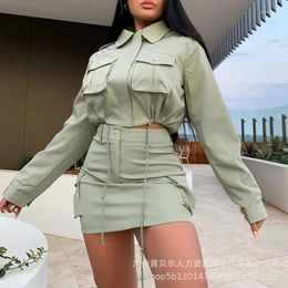 Work Dresses 2024 Spring Fashion Turn-Down Collar Long Sleeve Drawstring Pockets Top And High Waist Mini Skirt Solid Two Piece Set For Women