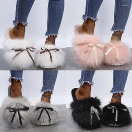 Slippers Winter Bowknot Plush For Women Christmas Year Warm Soft Home Shoes Korean Casual Flat Bottom