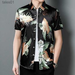 Men's Plus Tees Polos Mens Silk Shirts 2022 Summer Floral Printed Short Sleeve Tops Male Smooth Soft Printing Dress yq240401