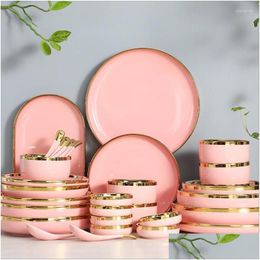 Dishes Plates Pink With Gold Inlay Ceramic Set Nordic Style Serving For Dinner Luxurious Porcelain Dinnerware Drop Delivery Home G Dhvqt