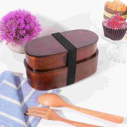 Dinnerware Japanese Wooden Stackable Meal Prep Container Portable Carrier For School Office ( Double- Layer Brown )