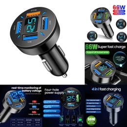 2024 66W 4 In 1 LED Car Charger PD Fast Charging Type-C Voltmeter Cigarette Lighter For Mobile Phone