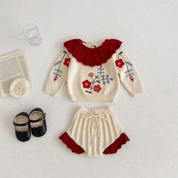 Clothing Sets Boutique Beige Kids Baby Girl Knit Embroidered Set Elegant Flower Lotus Collar Blouse Lace Bloomers 2PCS Suits For Borns