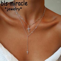 Pendant Necklaces Fashion Gold-plate Crystal Cross Pendants Boho Double Layered Necklace Catholic Religious Christian Statement Jewellery