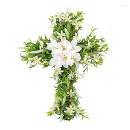 Decorative Flowers Easter Cross For Front Door Classic Wood Decor Artificial Lilien Greenery Wall Spring Wreath Christian