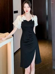 Party Dresses Summer Black Patchwork Bow V-Neck Sling Midi Dress Women Korean Vintage Hepburn Night 2024 Elegant Luxury Vestidos