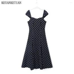 Casual Dresses KEYANKETIAN Women's Polka Dot Print Dress Summer French Style Sleeveless Slim Black White With High-Waisted MIDI