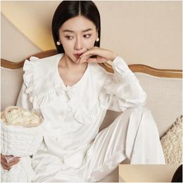 Womens Sleepwear 2023 Spring Loungewear Set Two Pieces Jacquard Bow Pyjamas Suit Ruffle Collar Soft Silk Cute Nightwear Drop Delivery Otey4