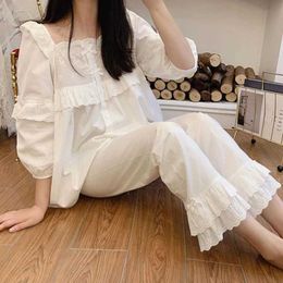 Sexy Pyjamas Home Nightwear Women Autumn White Cotton Pyjamas Sets Vintage Long Sleeve Cute Sleep Tops Bottoms Pants Kawaii Pyjamas Sleepwear 2404101